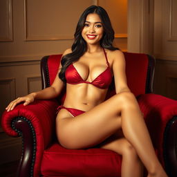 An Indonesian female model in a stunning red maroon bikini, gracefully sitting on an elegant red maroon sofa chair