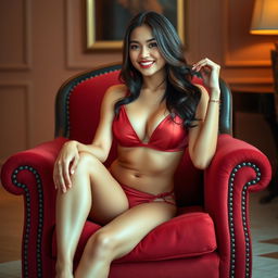 An Indonesian female model in a stunning red maroon bikini, gracefully sitting on an elegant red maroon sofa chair