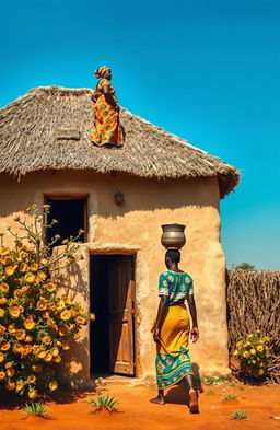 Aerial view of a single traditional African house fenced with Euphorbia plants, positioned at the top of the canvas
