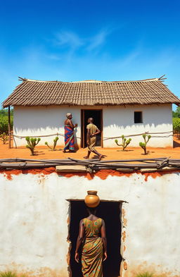 Aerial view of a single traditional African house fenced with Euphorbia plants, positioned at the top of the canvas