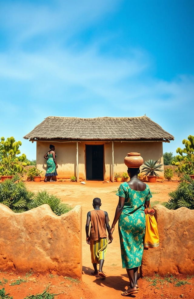 Aerial view of a single traditional African house fenced with Euphorbia plants, positioned at the top of the canvas