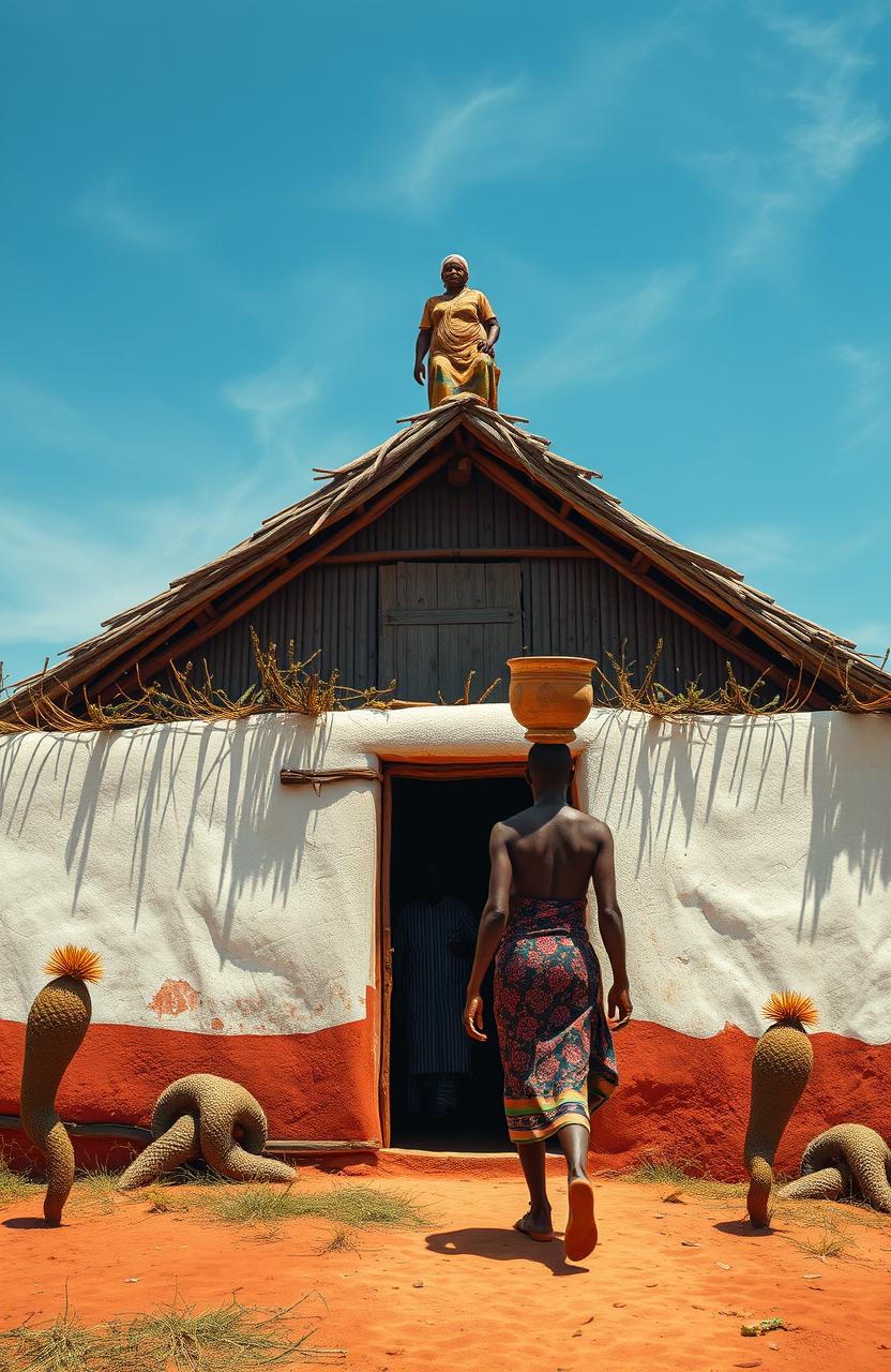 Aerial view of a single traditional African house fenced with Euphorbia plants, positioned at the top of the canvas