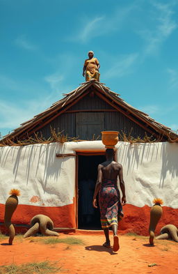 Aerial view of a single traditional African house fenced with Euphorbia plants, positioned at the top of the canvas