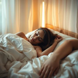 A serene and intimate scene of a woman peacefully sleeping in a softly lit bedroom, with a relaxed expression, her hair gently tousled on the pillow