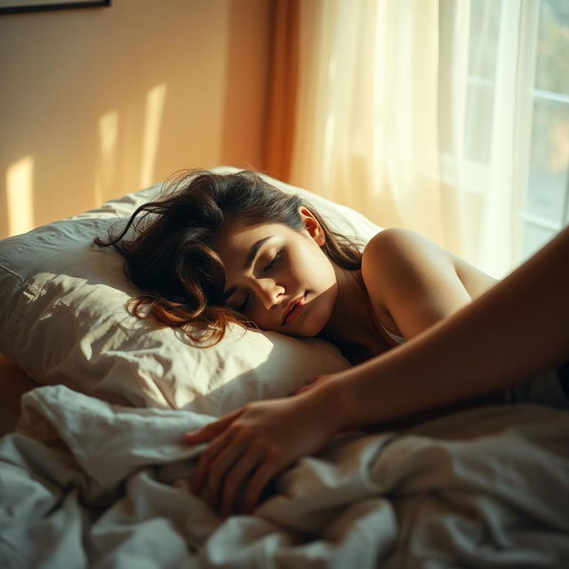 A serene and intimate scene of a woman peacefully sleeping in a softly lit bedroom, with a relaxed expression, her hair gently tousled on the pillow