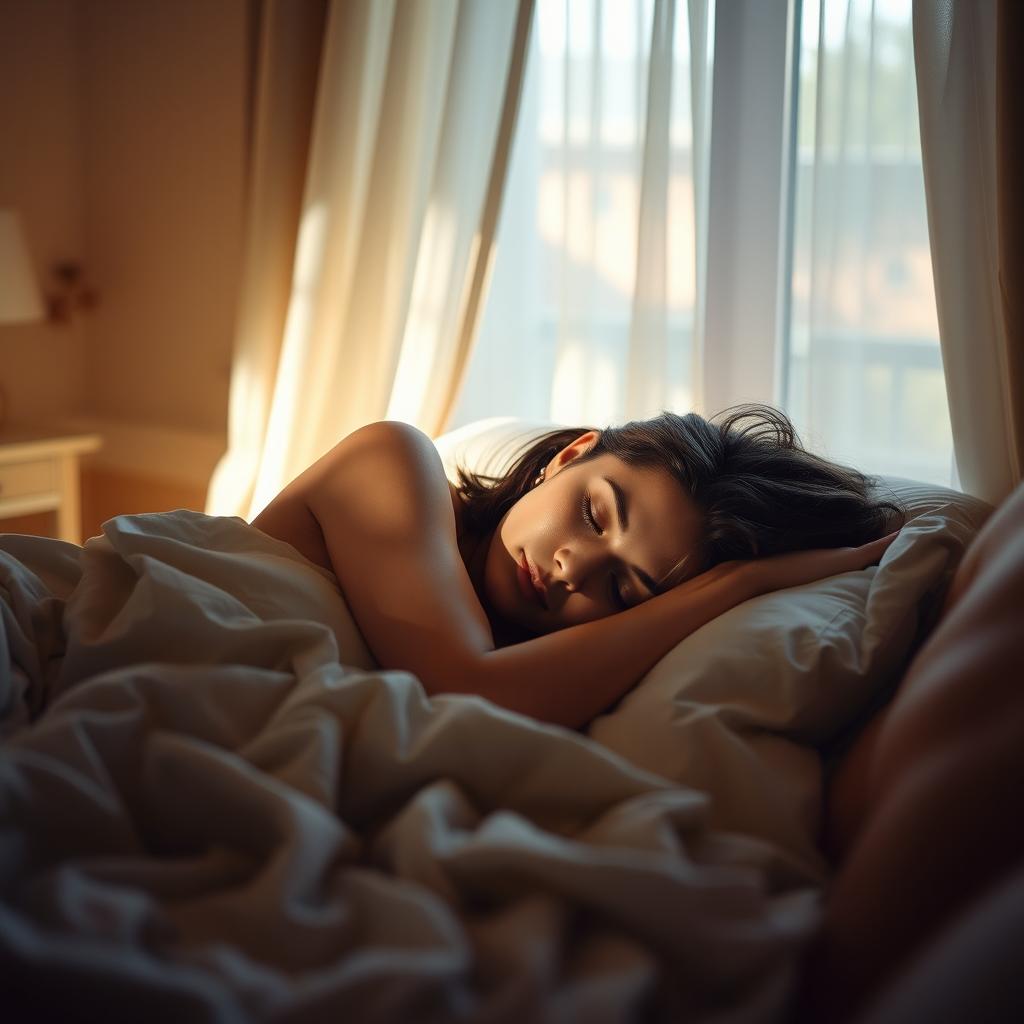 A serene and intimate scene of a woman peacefully sleeping in a softly lit bedroom, with a relaxed expression, her hair gently tousled on the pillow