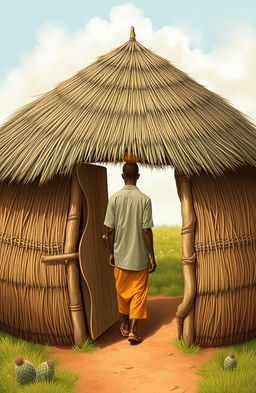 An aerial view of a single round grass thatched hut fenced with Euphorbia, positioned at the top of the canvas with its door facing downwards towards the canvas bottom