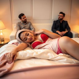 A beautiful woman wearing a hijab, peacefully sleeping on a soft, elegantly decorated bed, dressed in a striking red bra and delicate pink underwear that tastefully complement her appearance