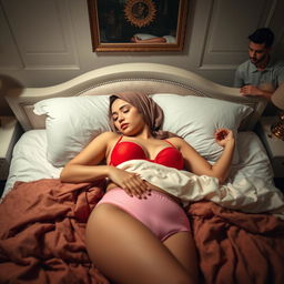A beautiful woman wearing a hijab, peacefully sleeping on an elegantly styled bed, adorned in a vivid red bra and soft pink underwear that highlight her features tastefully