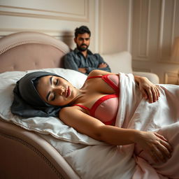 A beautiful woman wearing a hijab, peacefully sleeping on an elegantly styled bed, adorned in a vivid red bra and soft pink underwear that highlight her features tastefully
