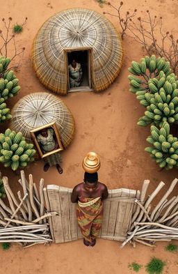 An aerial view of a traditional African home featuring two single round grass thatched huts located at the top of the canvas, with their doors facing downward