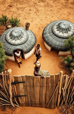An aerial view of a traditional African home featuring two single round grass thatched huts located at the top of the canvas, with their doors facing downward