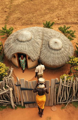 An aerial view of a traditional African home featuring two single round grass thatched huts located at the top of the canvas, with their doors facing downward