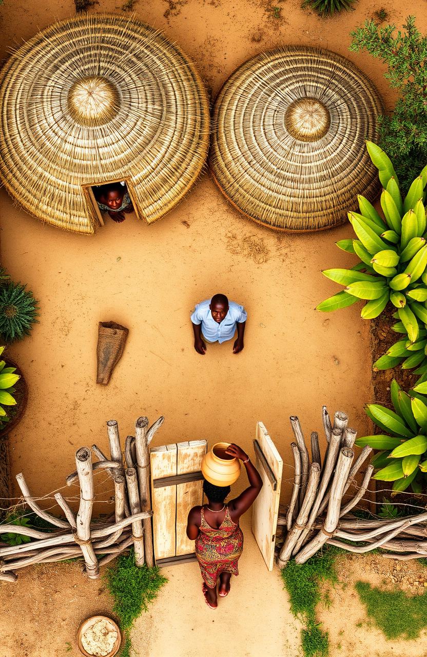 An aerial view of a traditional African home featuring two single round grass thatched huts at the top of the canvas, with their doors facing the bottom