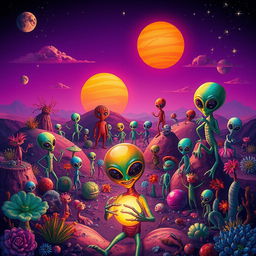 A vibrant and colorful extraterrestrial landscape filled with whimsical alien flora and fauna