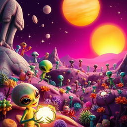 A vibrant and colorful extraterrestrial landscape filled with whimsical alien flora and fauna