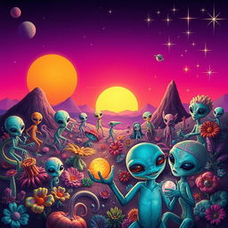 A vibrant and colorful extraterrestrial landscape filled with whimsical alien flora and fauna