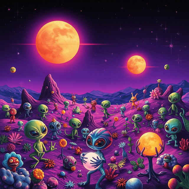 A vibrant and colorful extraterrestrial landscape filled with whimsical alien flora and fauna