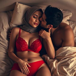 A serene scene featuring a woman wearing a hijab, peacefully sleeping on a luxurious bed, adorned in a striking red bra and matching red underwear that enhance her natural beauty