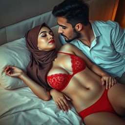 A serene scene featuring a woman wearing a hijab, peacefully sleeping on a luxurious bed, adorned in a striking red bra and matching red underwear that enhance her natural beauty