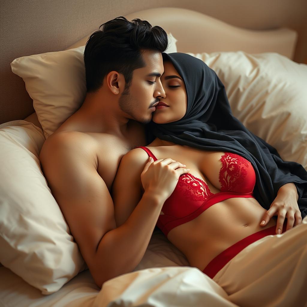 A serene scene featuring a woman wearing a hijab, peacefully sleeping on a luxurious bed, adorned in a striking red bra and matching red underwear that enhance her natural beauty