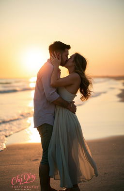 A romantic couple kissing passionately under the soft glow of the setting sun