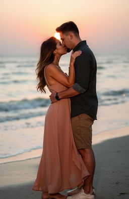 A romantic couple kissing passionately under the soft glow of the setting sun