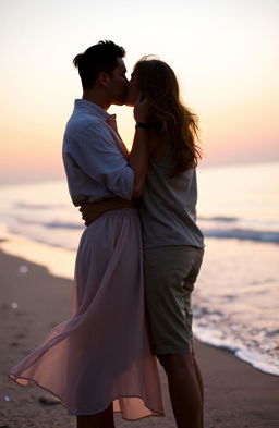 A romantic couple kissing passionately under the soft glow of the setting sun