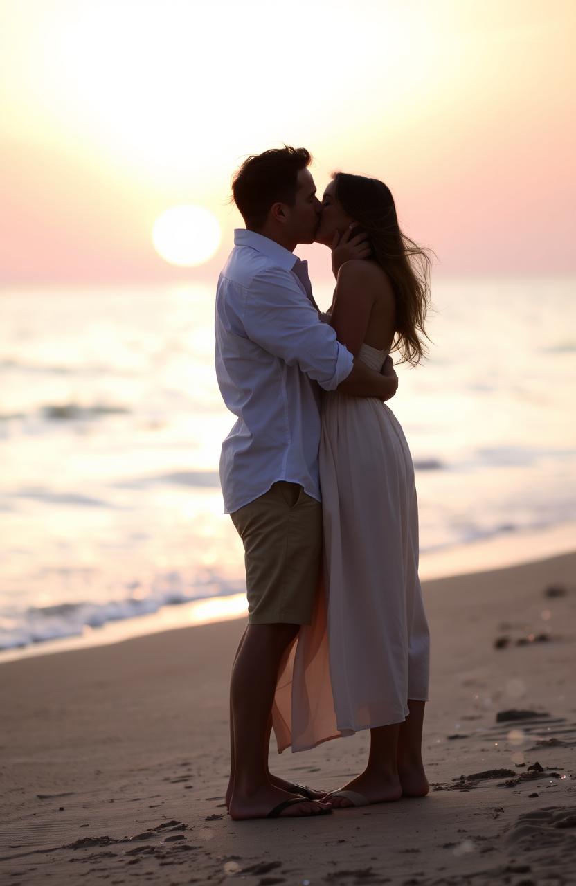 A romantic couple kissing passionately under the soft glow of the setting sun