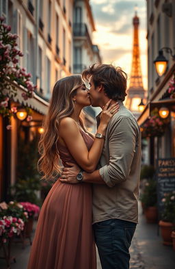 A romantic couple deeply in love, passionately kissing under soft, warm lighting