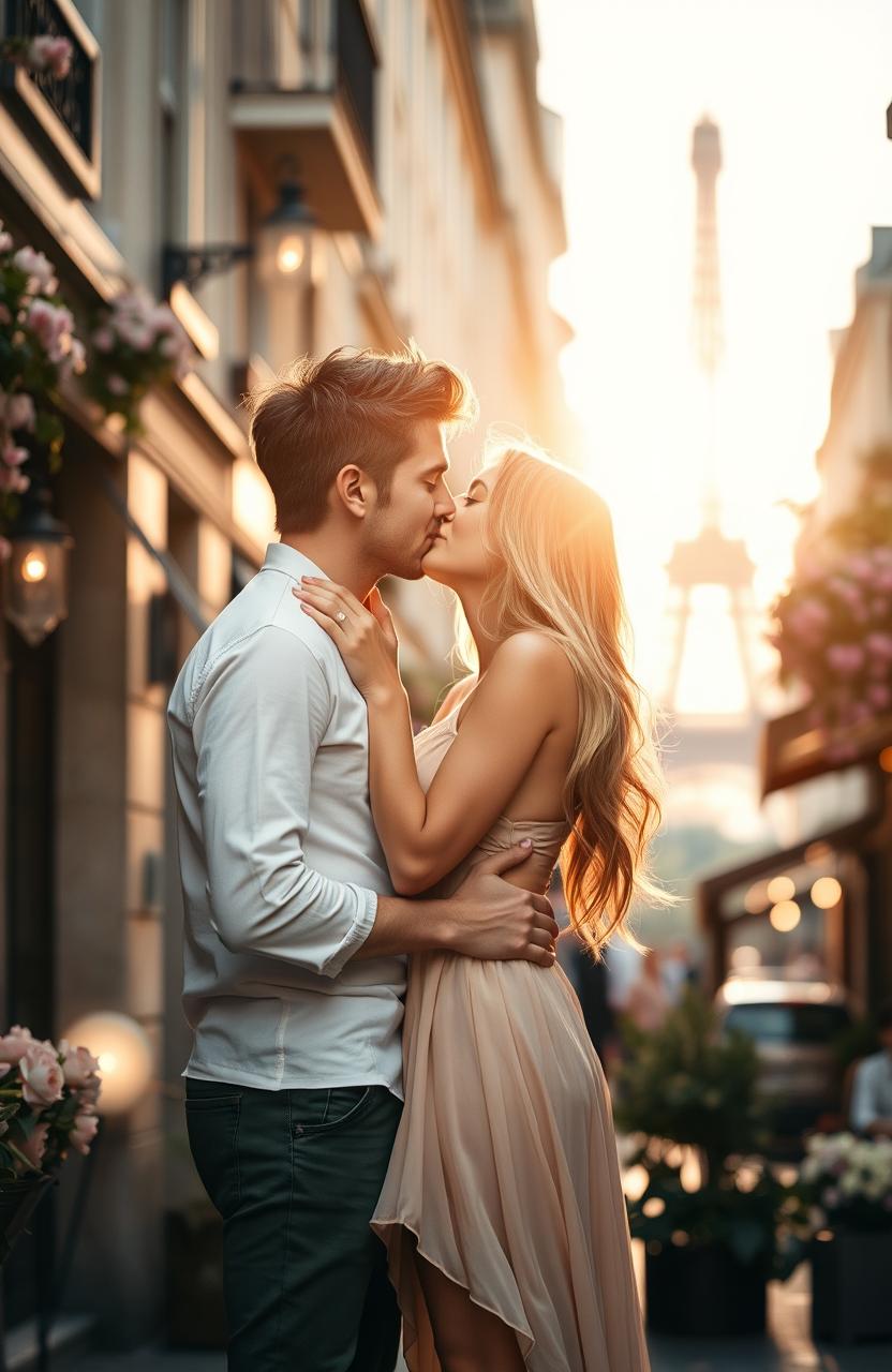 A romantic couple deeply in love, passionately kissing under soft, warm lighting