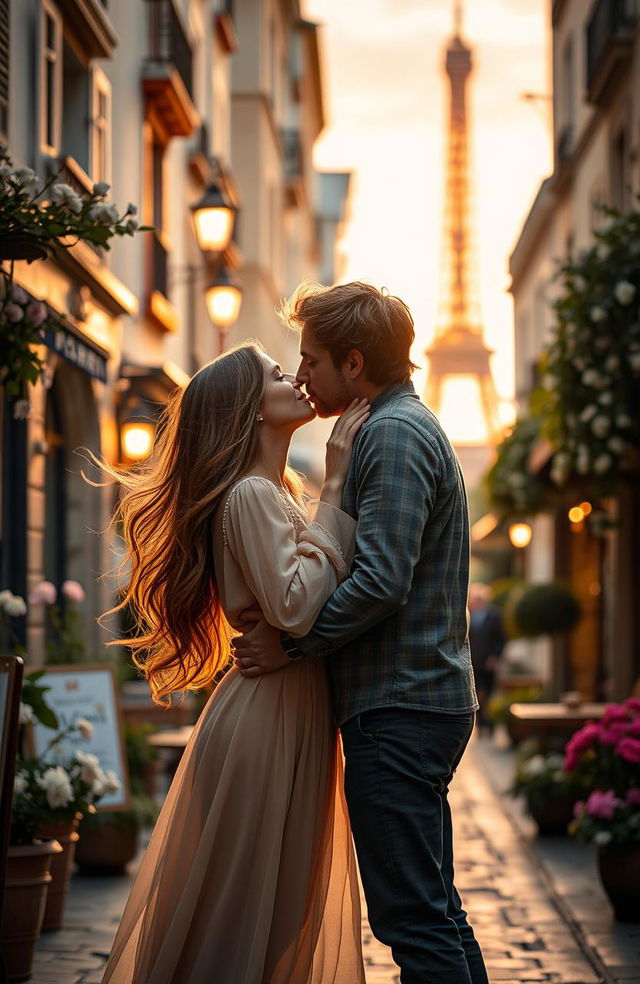 A romantic couple deeply in love, passionately kissing under soft, warm lighting