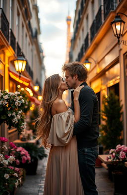 A romantic couple deeply in love, passionately kissing under soft, warm lighting