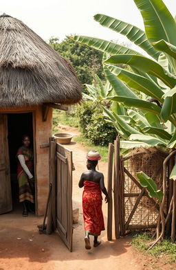 An aerial view of a traditional African home featuring two single round grass thatched huts at the top of the canvas, with their doors facing the bottom