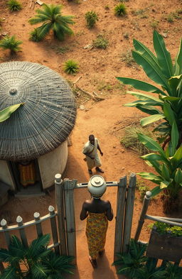 An aerial view of a traditional African home featuring two single round grass thatched huts at the top of the canvas, with their doors facing the bottom