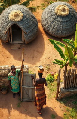 An aerial view of a traditional African home featuring two single round grass thatched huts at the top of the canvas, with their doors facing the bottom