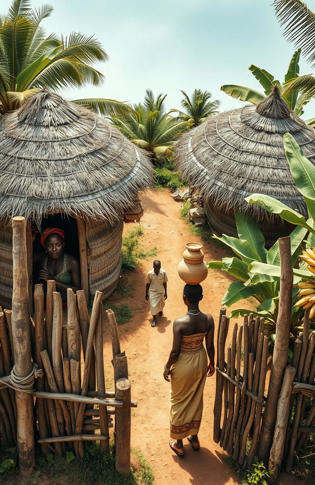 An aerial view of a traditional African home featuring two single round grass thatched huts at the top of the canvas, with their doors facing the bottom