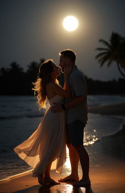 A romantic couple sharing a tender kiss on a moonlit beach, the soft waves gently lapping at the shore