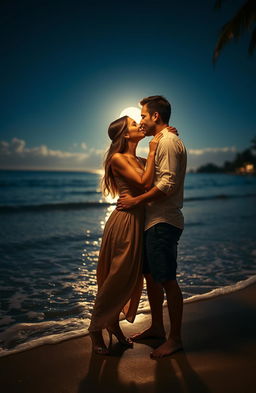 A romantic couple sharing a tender kiss on a moonlit beach, the soft waves gently lapping at the shore