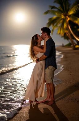 A romantic couple sharing a tender kiss on a moonlit beach, the soft waves gently lapping at the shore