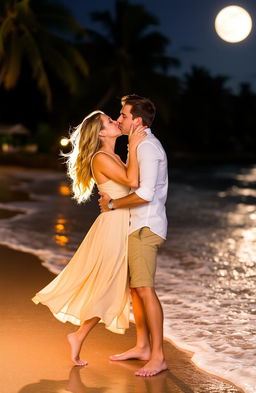 A romantic couple sharing a tender kiss on a moonlit beach, the soft waves gently lapping at the shore