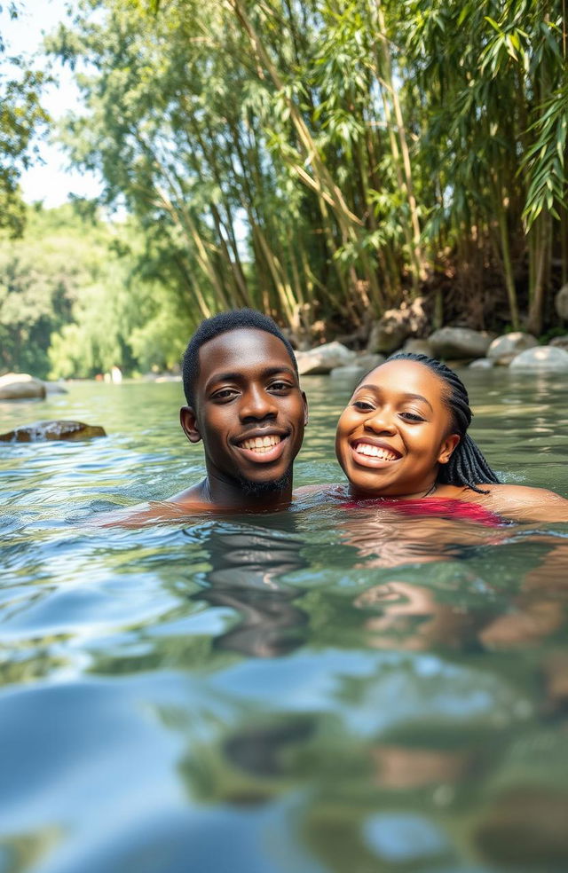 An African young man around 30 years playful and radiant, swimming in a serene river with his maiden lover