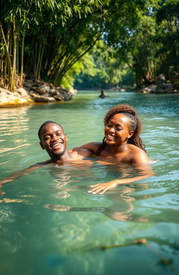 An African young man around 30 years playful and radiant, swimming in a serene river with his maiden lover