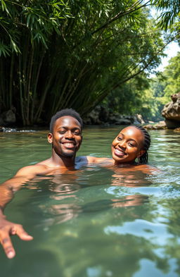 An African young man around 30 years playful and radiant, swimming in a serene river with his maiden lover