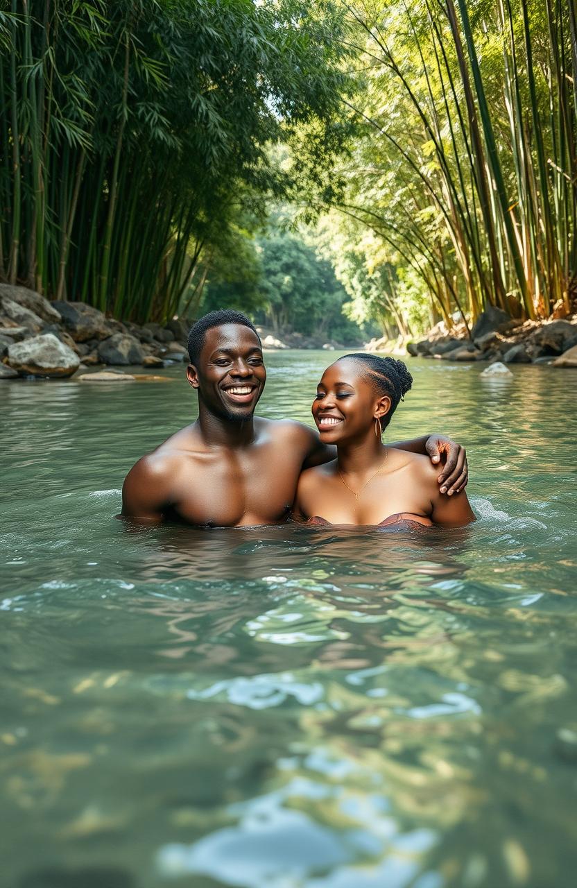 An African young man around 30 years playful and radiant, swimming in a serene river with his maiden lover