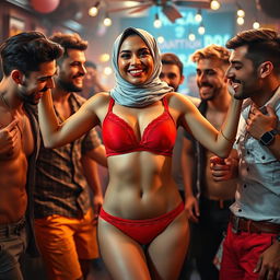 A vibrant, dynamic scene depicting a hijab woman wearing a striking red bra and matching red underwear, set against a backdrop of an energetic environment