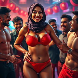 A vibrant, dynamic scene depicting a hijab woman wearing a striking red bra and matching red underwear, set against a backdrop of an energetic environment