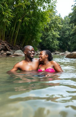 An African young man around 30 years old and his maiden lover are half submerged in a serene river, joyfully swimming and playing together