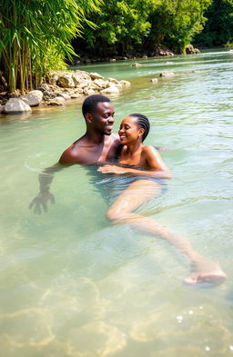 An African young man around 30 years old and his maiden lover are half submerged in a serene river, joyfully swimming and playing together