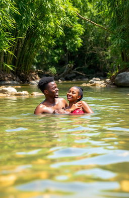 An African young man around 30 years old and his maiden lover are half submerged in a serene river, joyfully swimming and playing together